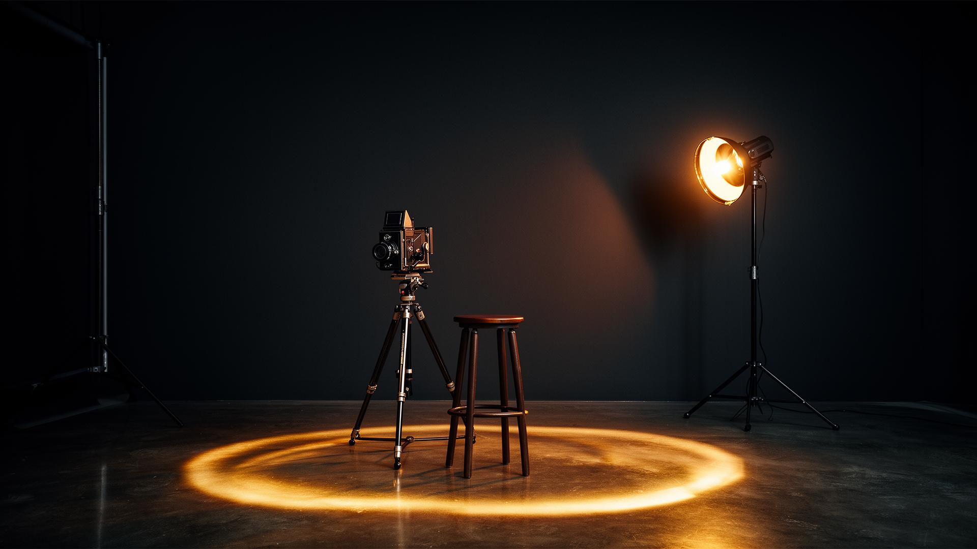 A dim studio with a single warm light pooling on the floor around a medium format camera and stool.